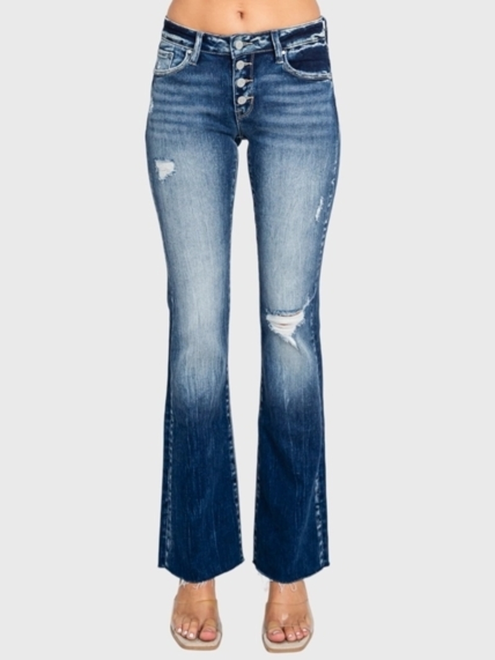Low-Rise Distressed Boot Cut Jeans - Blue